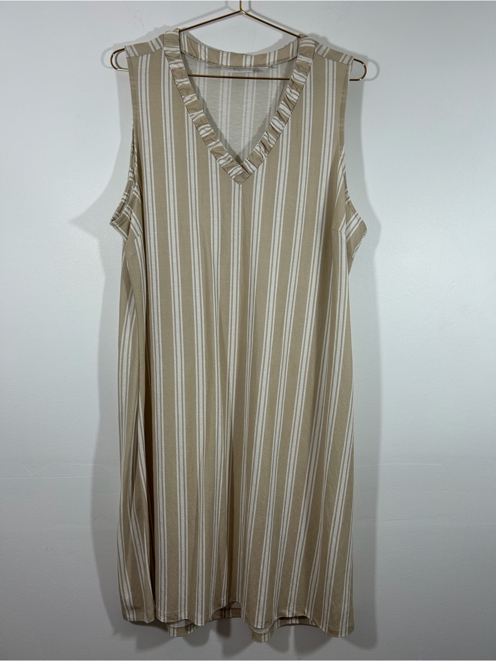 Belle by Kim Gravel Beige and White Striped Ruffled V-Neck Midi Dress